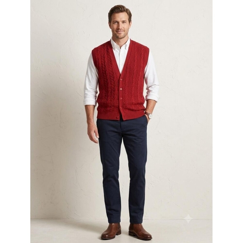 Pendleton‎ Sweater Vest Mens L Red Wool Cable Knit Button Front Made USA